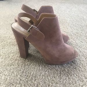 Blush/rose suede open toe heels